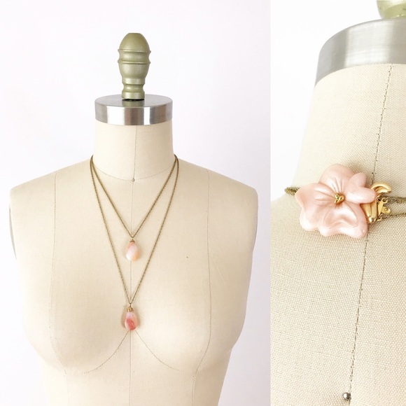 Vintage Jewelry - Double Necklace Pink Drop Teardrop Layered Floral